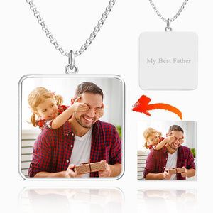 Custom Photo Necklace Engraved Square Tag Photo Necklace Silver Father’s Day Gifts
