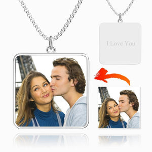Custom Photo Necklace Engraved Square Tag Photo Necklace Silver Father’s Day Gifts