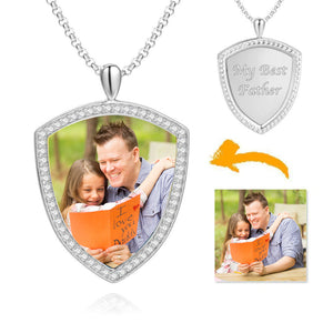 Men's Personalized Photo Rhinestone Crystal Shield Shape Engraved Necklace Platinum Plated Silver - Colorful