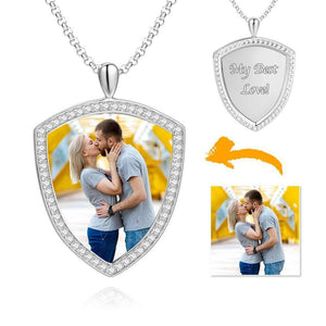 Men's Personalized Photo Rhinestone Crystal Shield Shape Engraved Necklace Platinum Plated Silver - Colorful