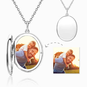 Oval Photo Locket Necklace With Engraving Platinum Plated Gifts For Father