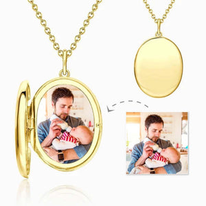 Oval Photo Locket Necklace With Engraving 14k Gold Plated Gifts For Father
