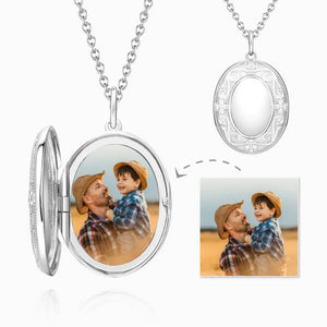 Gifts For Dad Custom Embossed Oval Photo Locket Necklace With Engraving Platinum Plated