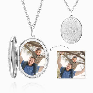 Gifts For Dad Embossed Oval Photo Locket Necklace With Engraving Platinum Plated