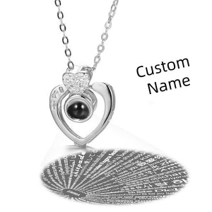 I Love You Necklace in 100 Languages Projection Engraved Necklace Two Hearts Silver
