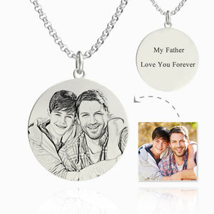 Gifts For Father Men's Round Photo Engraved Tag Necklace With Engraving Silver