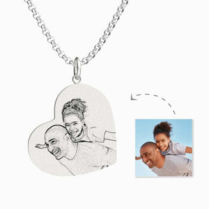 Men's Vertical Heart Photo Engraved Tag Necklace Silver Gifts For Dad