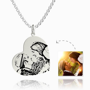 Men's Vertical Heart Photo Engraved Tag Necklace Silver Gifts For Dad