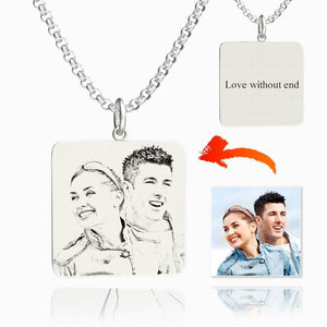 Men's Square Photo Engraved Tag Necklace With Engraving Silver