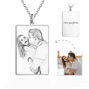 Father's Day Gifts Personalized Rectangle Engraved Photo Necklace Silver