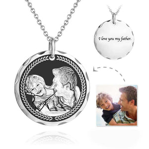 Father's Day Gifts Personalized Round  Engraved Photo Necklace Silver Retro