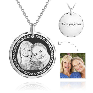 Father's Day Gifts Personalized Round  Engraved Photo Necklace Silver Retro
