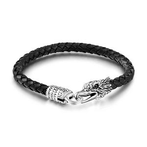 Eagle Black Woven Leather Silver Bracelet For Men