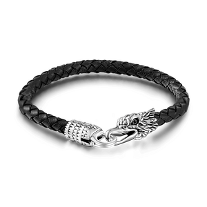 Eagle Black Woven Leather Silver Bracelet For Men