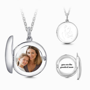 Round Engraved Photo Locket Necklace Silver For Mom