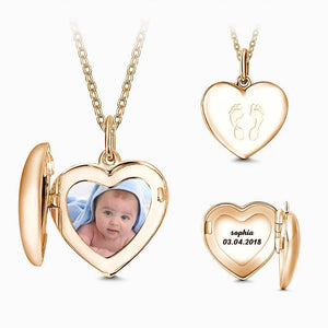 Heart Engraved Photo Locket Necklace Rose Gold Plated Silver For Mom