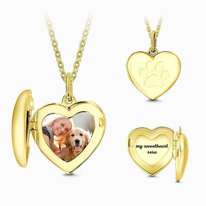Pawprint Heart Engraved Photo Locket Necklace 14k Gold Plated Silver