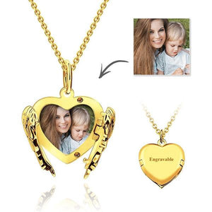 Locket Necklace  With Photo Inside Custom Engravable Photo Locket Necklace Heart Angel Wings Gold Plated Silver Mother's Day Gift