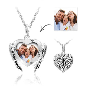 Engravable Photo Locket Necklace Heart Angel Wings for Girlfriend Gold Plated