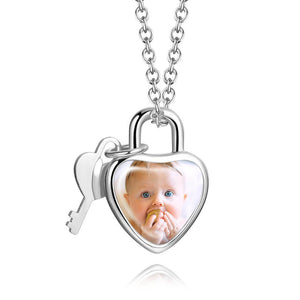 Custom Photo Heart Lock and Key Necklace with Engraving