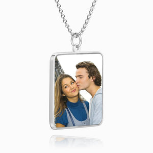 Custom Photo Necklace Engraved Square Tag Photo Necklace Silver