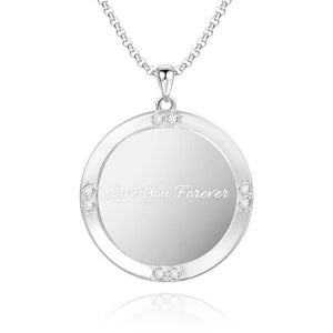 Men's Personalized Rhinestone Crystal Round Shape Photo Engraved Necklace Platinum Plated Silver - Colorful