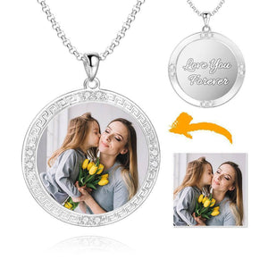 Men's Personalized Rhinestone Crystal Round Shape Photo Engraved Necklace Platinum Plated Silver - Colorful