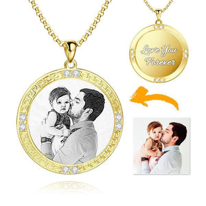 Men's Personalized Rhinestone Crystal Round Shape Photo Engraved Necklace 14 Gold Plated Golden - Sketch