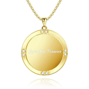 Men's Personalized Rhinestone Crystal Round Shape Photo Engraved Necklace 14 Gold Plated Golden - Colorful