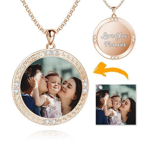 Men's Personalized Rhinestone Crystal Round Shape Photo Engraved Necklace Rose Gold Plated - Colorful