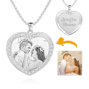 Men's Personalized Rhinestone Crystal Heart Shape Photo Engraved Necklace Platinum Plated Silver - Sketch