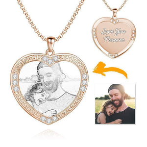 Men's Personalized Rhinestone Crystal Heart Shape Photo Engraved Necklace Rose Gold Plated - Sketch