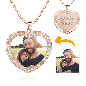 Men's Personalized Rhinestone Crystal Heart Shape Photo Engraved Necklace Rose Gold Plated - Colorful