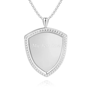 Women's Personalized Rhinestone Crystal Shield Shape Engraved Photo Necklace Platinum Plated Silver - Sketch
