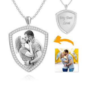 Women's Personalized Rhinestone Crystal Shield Shape Engraved Photo Necklace Platinum Plated Silver - Sketch