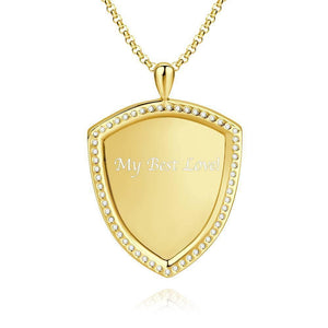 Women's Personalized Rhinestone Crystal Shield Shape Engraved Photo Necklace 14K Gold Plated Golden - Sketch