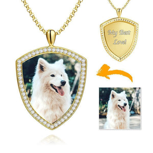 Women's Personalized Rhinestone Crystal Shield Shape Engraved Photo Necklace 14K Gold Plated Golden - Colorful