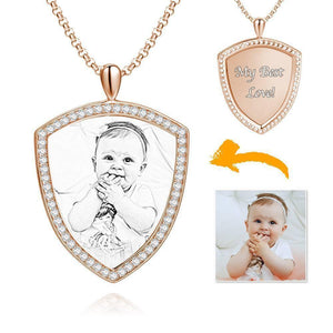 Women's Personalized Rhinestone Crystal Shield Shape Photo Engraved Necklace Rose Gold Plated - Sketch