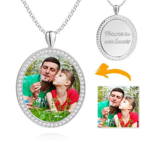 Women's Engraved Personalized Rhinestone Crystal Shield Shape Photo Necklace Platinum Plated Silver - Colorful