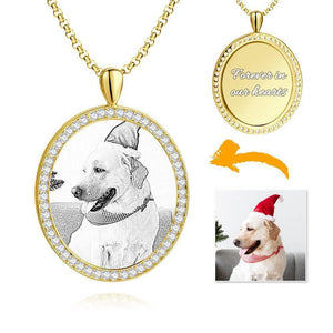 Women's Engraved Personalized Rhinestone Crystal Shield Shape Photo Necklace 14K Gold Plated Golden - Sketch