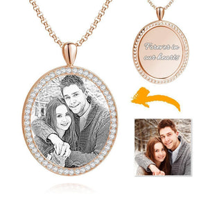 Women's Personalized Rhinestone Crystal Oval Shape Photo Engraved Necklace Rose Gold Plated - Sketch