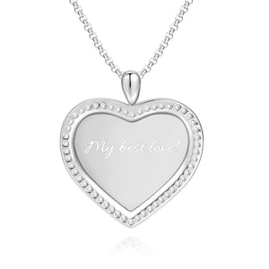 Women's Personalized Rhinestone Crystal Heart Shape Photo Engraved Necklace Platinum Plated Silver - Sketch