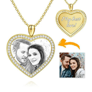 Women's Personalized Rhinestone Crystal Heart Shape Photo Engraved Necklace 14K Gold Plated Golden - Sketch