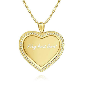 Women's Personalized Rhinestone Crystal Heart Shape Photo Engraved Necklace 14K Gold Plated Golden - Colorful