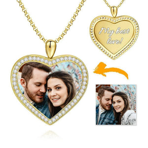 Women's Personalized Rhinestone Crystal Heart Shape Photo Engraved Necklace 14K Gold Plated Golden - Colorful
