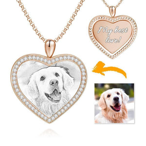 Women's Personalized Rhinestone Crystal Heart Shape Photo Engraved Necklace Rose Gold Plated - Sketch