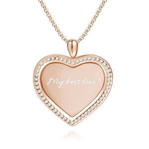 Women's Personalized Rhinestone Crystal Heart Shape Photo Engraved Necklace Rose Gold Plated - Colorful