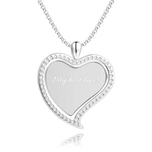 Women's Personalized Rhinestone Crystal Love Heart Shape Photo Engraved Necklace Platinum Plated Silver - Colorful