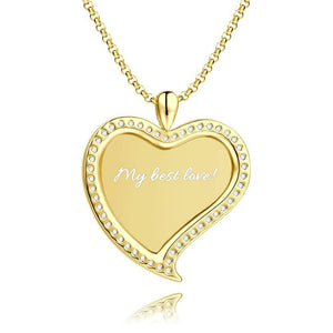 Women's Personalized Rhinestone Crystal Love Heart Shape Photo Engraved Necklace 14K Gold Plated Golden - Sketch
