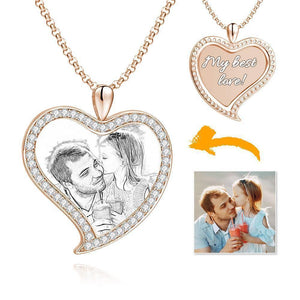 Women's Personalized Rhinestone Crystal Love Heart Shape Photo Engraved Necklace Rose Gold Plated - Sketch